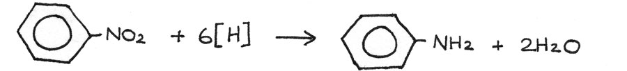 Hydration of nitrobenzene to phenylamine.
